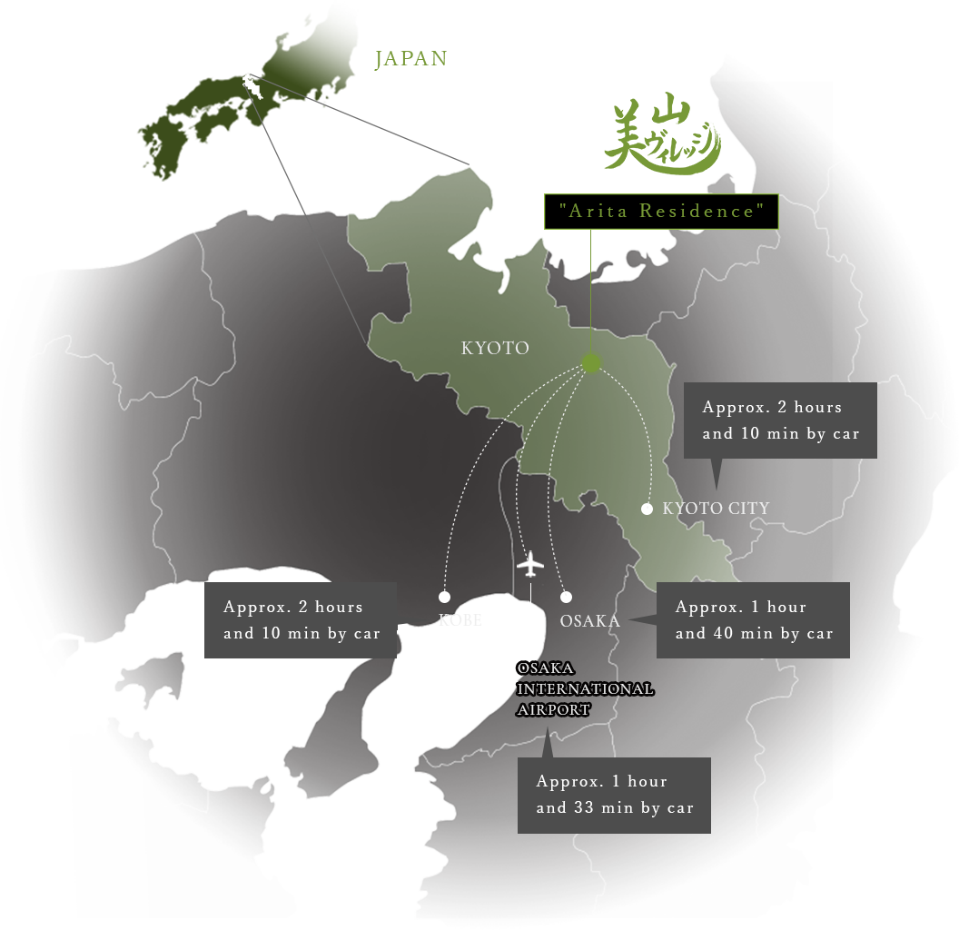Map of Japan with Kyoto in the distance: 1 hour 20 min. from Arita-tei to Kyoto city by car, 1 hour 40 min. from Arita-tei to Osaka city by car, 1 hour 33 min. from Arita-tei to Osaka International Airport (Itami Airport) by car, 2 hours 10 min. from Arita-tei to k-Kobe by car