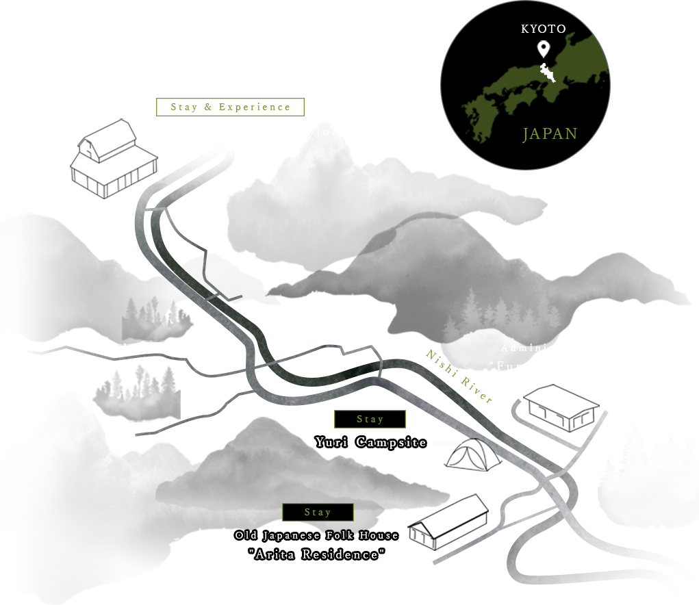 Illustration map showing the location of the Kakisako Residence/Joint Center, Administration House “Furusawa Residence”, Youri Campsite, and Old Japanese Folk House 